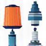 Illustration of various auto parts like spark plug and filter